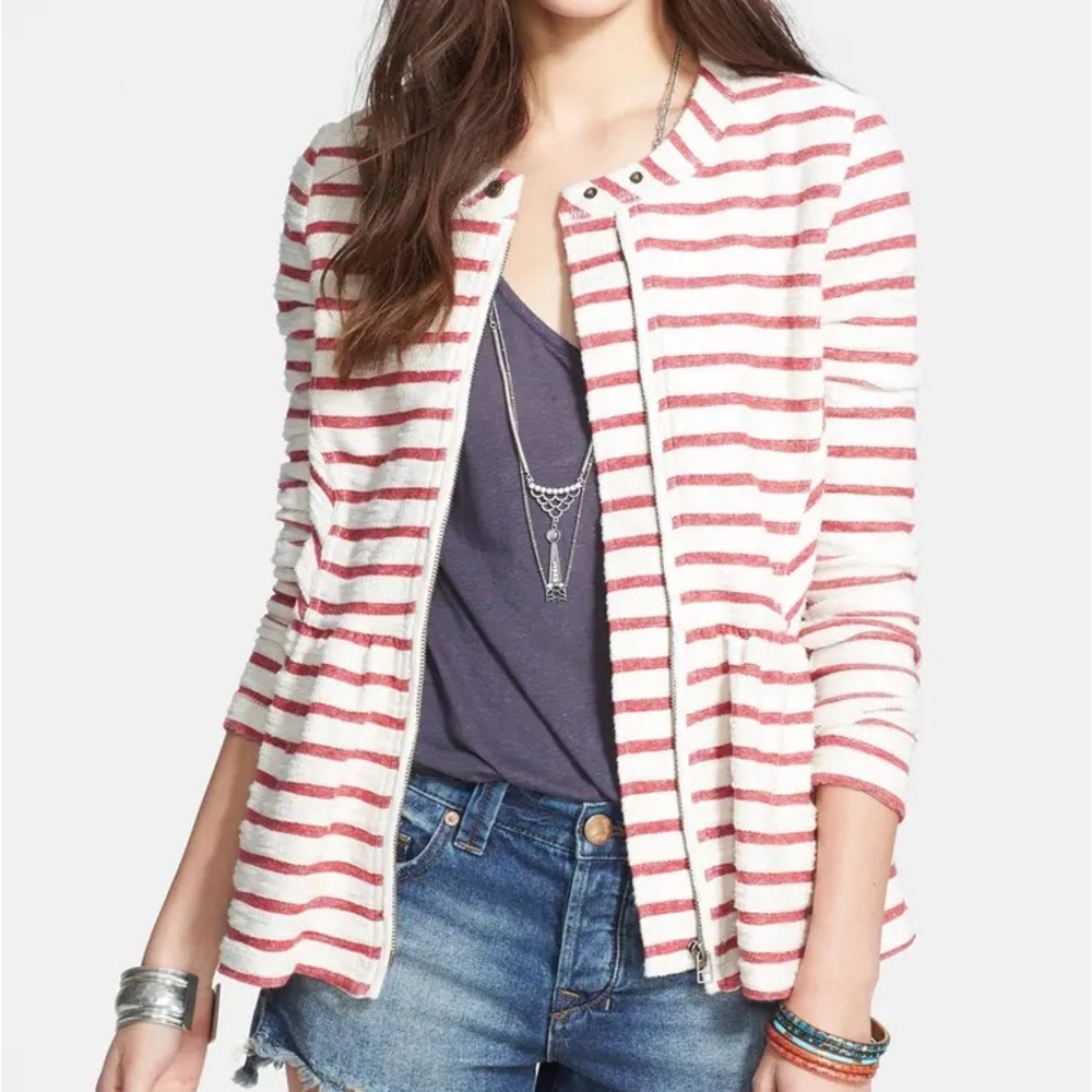 Red/white textured peplum jacket -free people